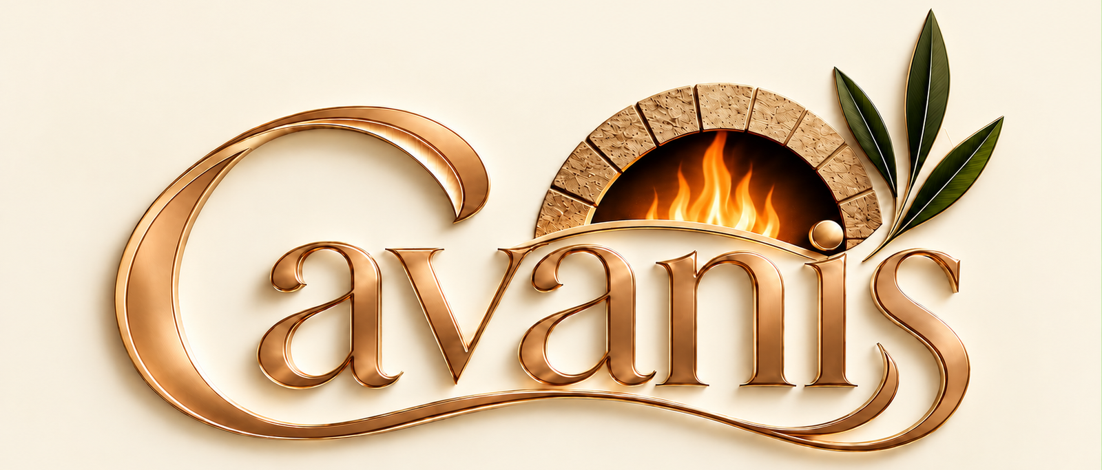Cavanis logo with bronze characters with olive leaf and pizza wood fire image